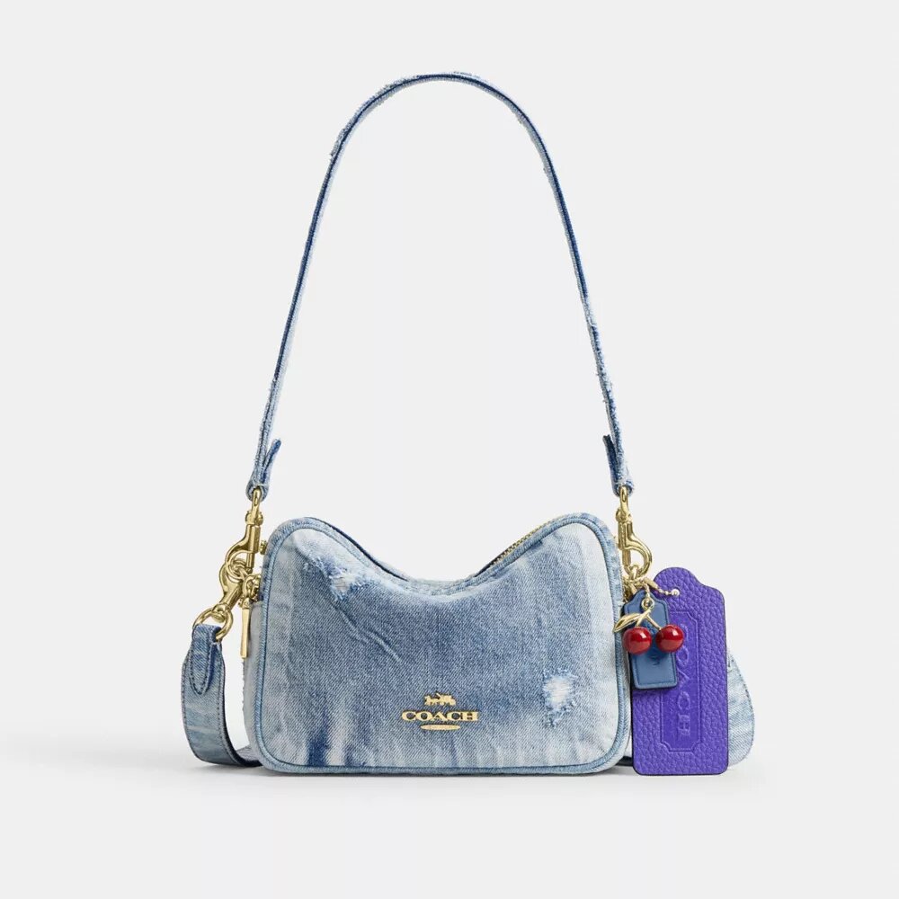 Bolso bandolera Mini Carey en denim desgastado con Charms