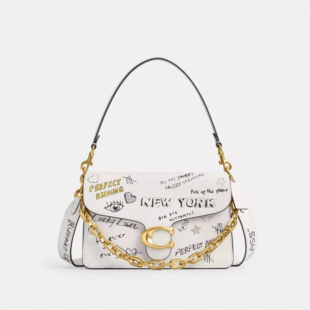 Bolso de hombro con lengüeta de cadena y estampado «Sketch»
