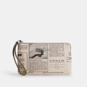 Bolso de pulsera grande con cremallera en la esquina y estampado de periódico