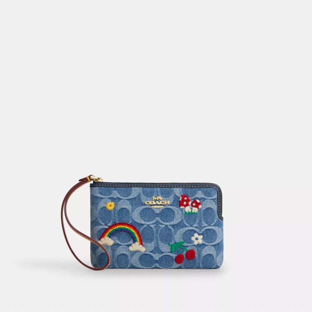 Bolsos de pulsera con cremallera en las esquinas en denim emblemático