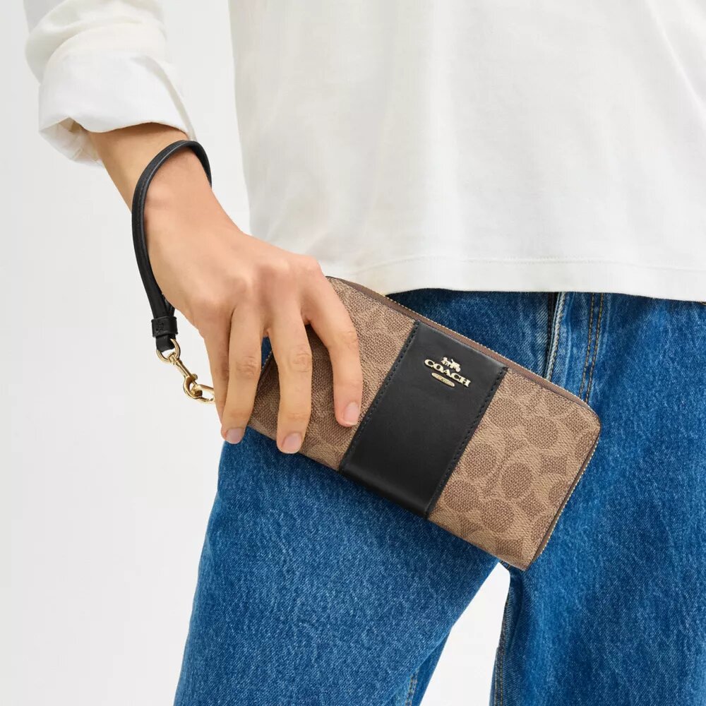 Cartera larga con cremallera envolvente en Signature Canvas con rayas