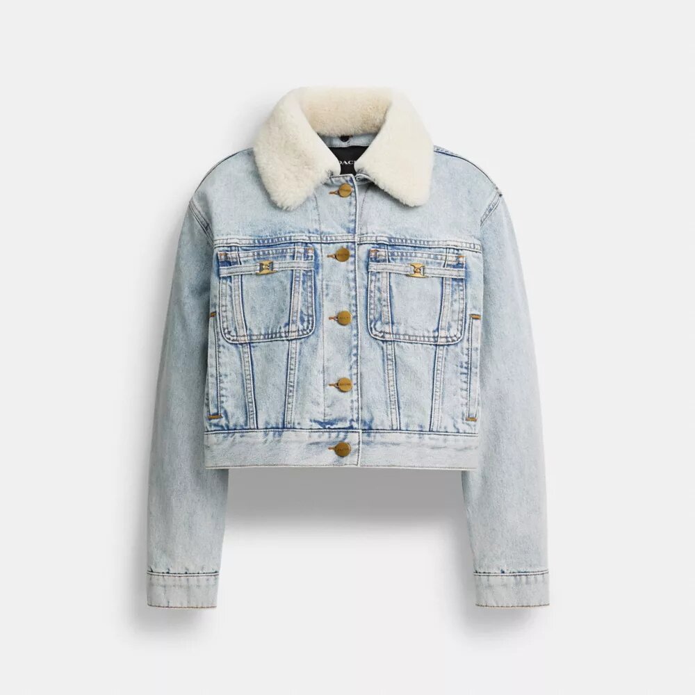 Chaqueta trucker corta de denim Heritage C de algodón orgánico con cuello de borrego