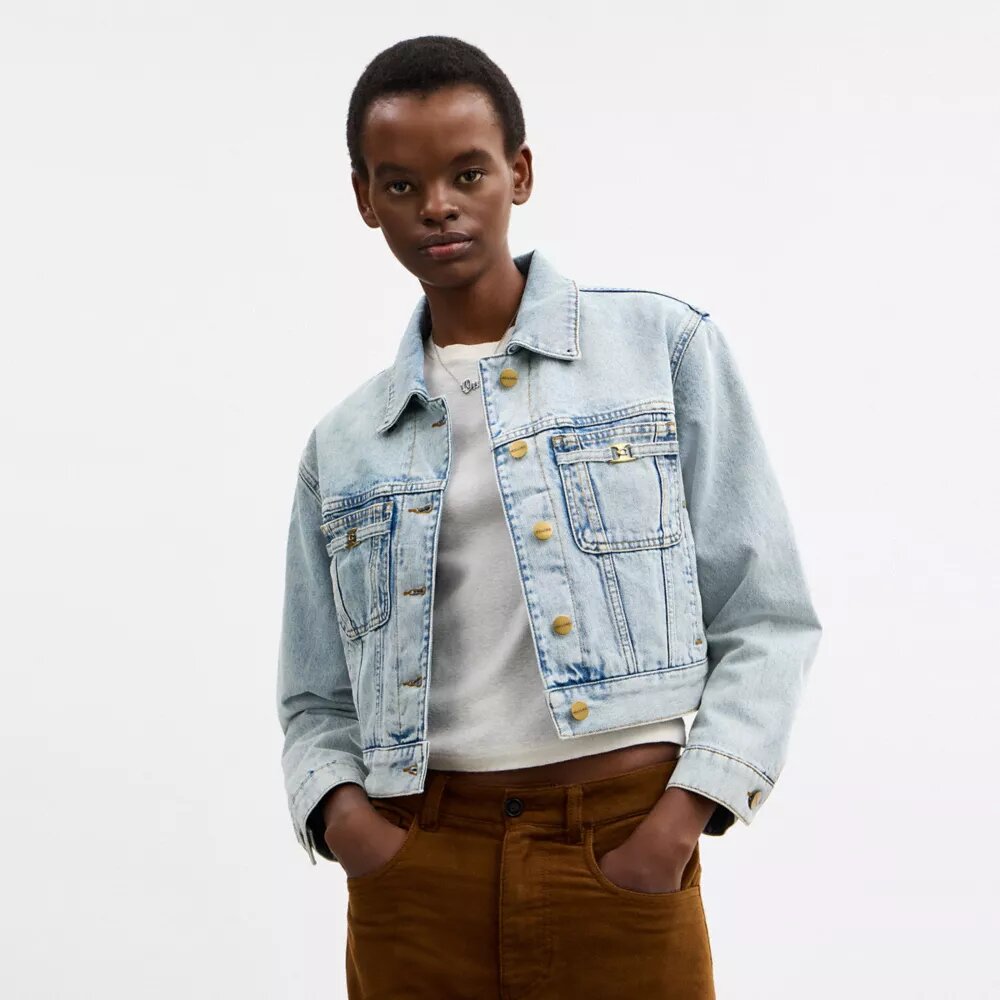 Chaqueta trucker corta de denim Heritage C de algodón orgánico con cuello de borrego
