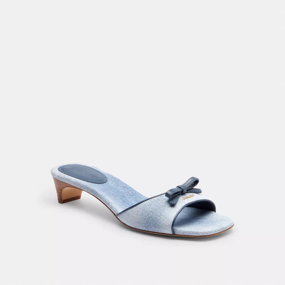 Sandalias de tacón bajo con lazo en denim desgastado