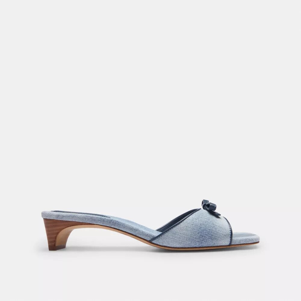 Sandalias de tacón bajo con lazo en denim desgastado