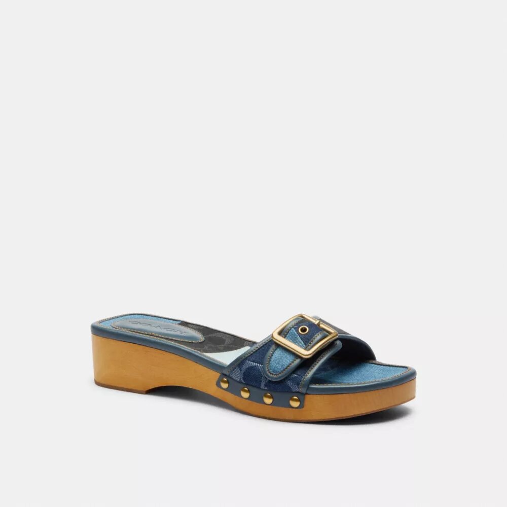 Sandalias Margot de madera con patchwork de denim característico